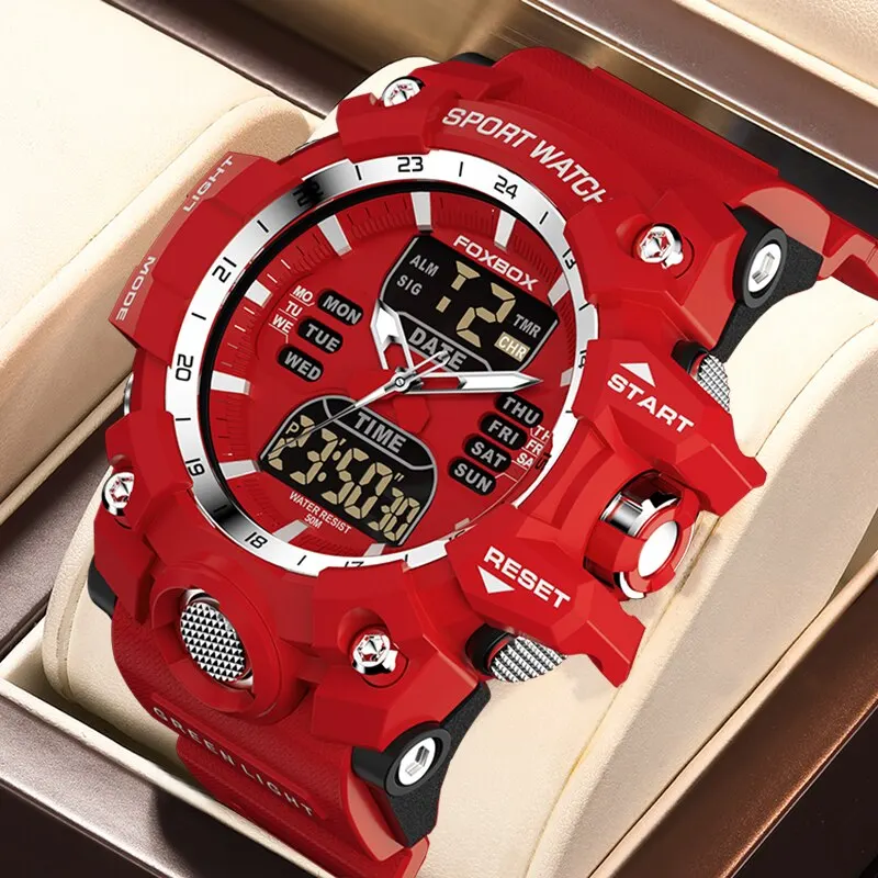 Neue männer uhr dual zeit led digital uhr für männer wasserdicht chronograph quarz rot militär sport elektronische armbanduhr