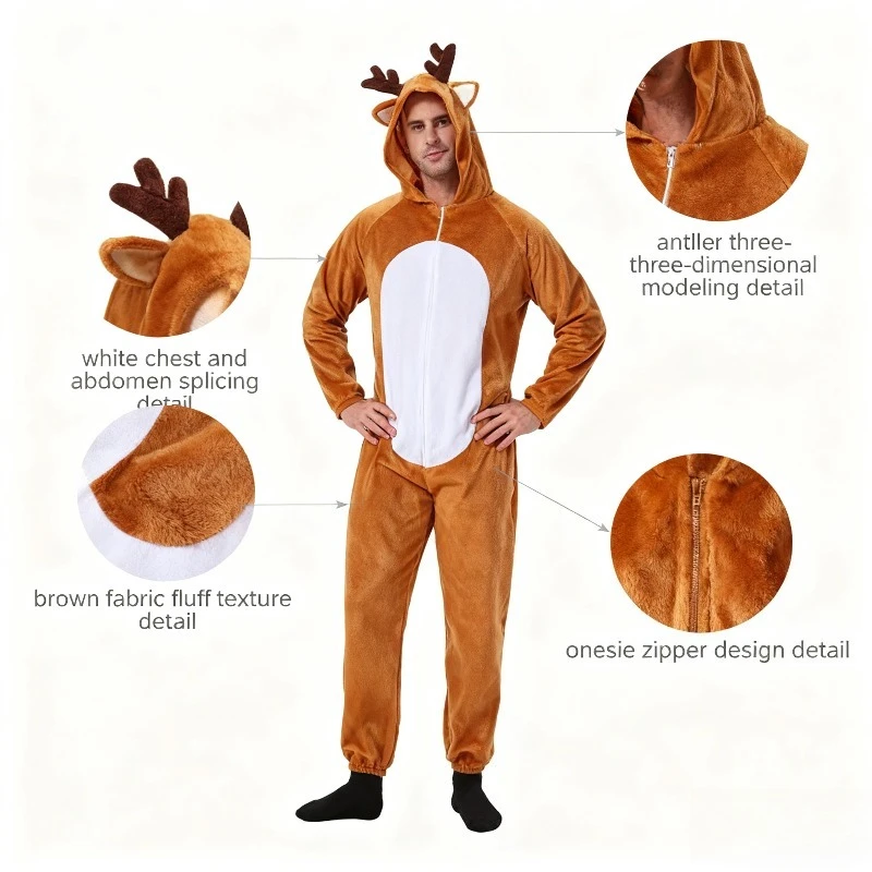 

Brown Reindeer Adult Onesie Animal Cosplay Jumpsuit Men's Halloween Christmas Party Costume