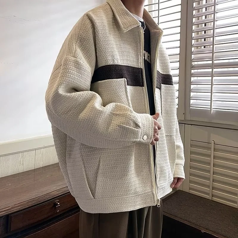 

Loose Fit Men's Jaet Turn-down Collar 3D Texture Color Blo Workwear Trendy Brand Autumn Winter Outerwear