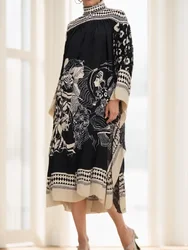 Stand Collar Loungewear Loose Party Dress Fashion Women Autumn Elegant Print Flare Sleeve Ladies Maxi Dress Streetwear Vestidos