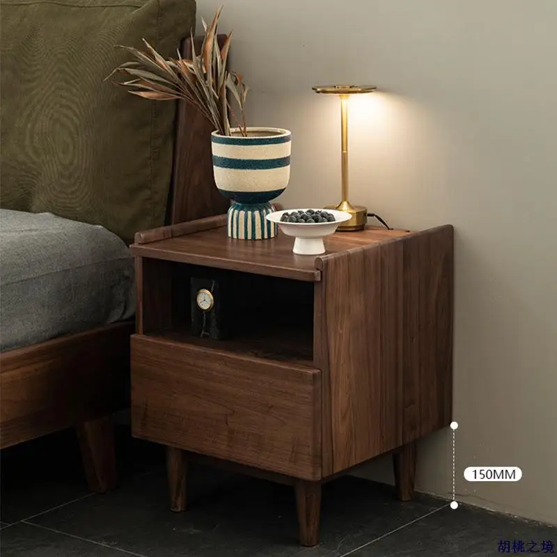 Stolik nocny z czarnego orzecha amerykańskiego, meble do sypialni z litego drewna, nowoczesny, prosty, mały stolik nocny z szufladą.