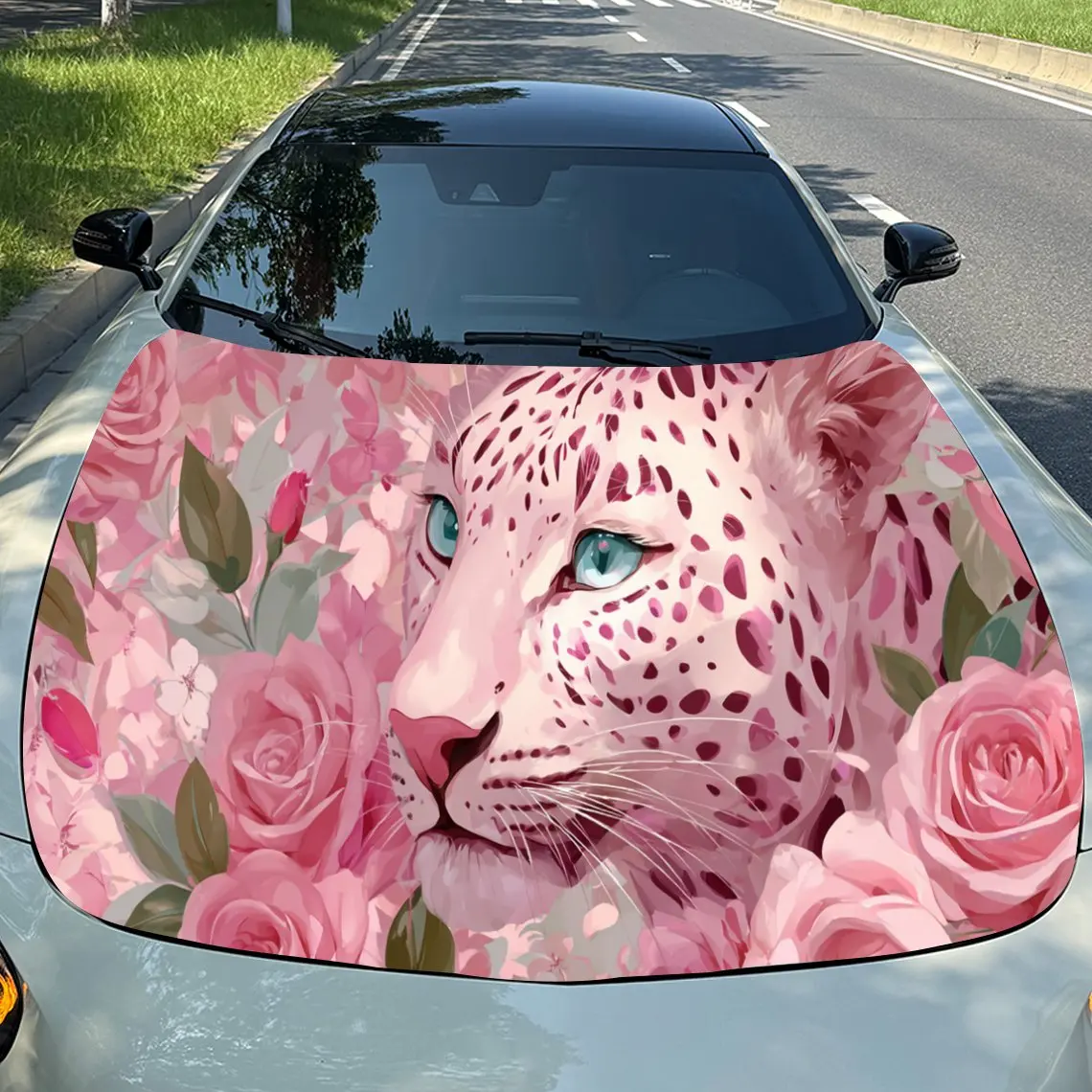 

Artistic Pink Leopard in a Floral Setting PVC Car Engine Hood Vinyl Wraps, Self-Adhesive Waterproof Car Hood Decal Sticker, Car