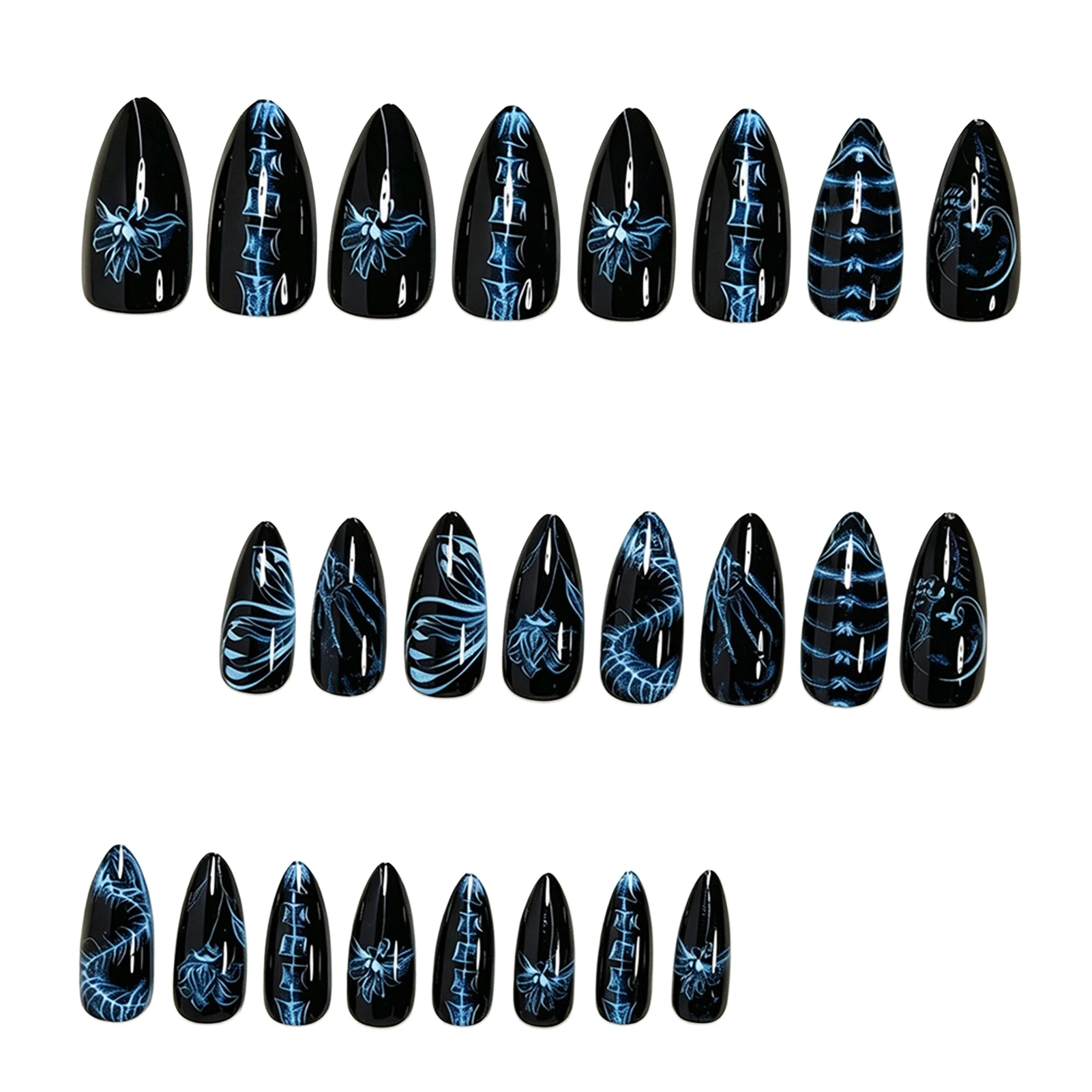 Resin Press on Nails for Halloween Party Women Blue Skull Flower Butterfly Almond False Nails Waterproof Durable Gel Polish