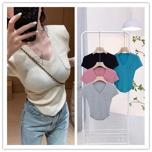 7066 Summer New Pure Desire Sweet Age-Reducing Deep V-Neck Pocket Irregular High-Waisted Short Slim Sexy T-Shirt For Women