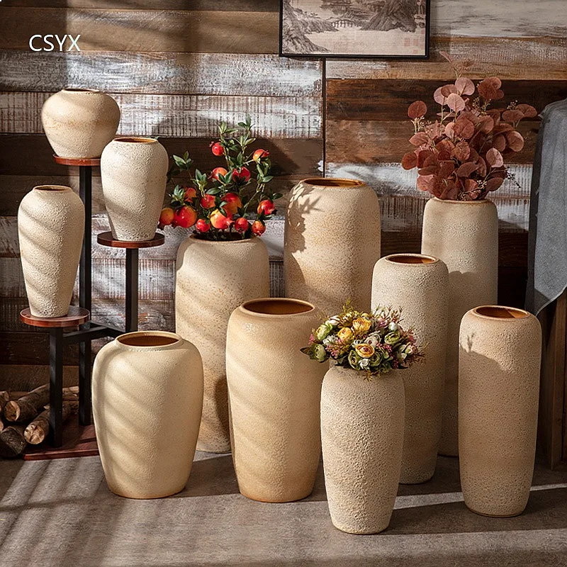 Large Vintage Ceramic Floor Vase Retro Rustic Pottery Decor for Living Room Hotel Feng Shui Ornament