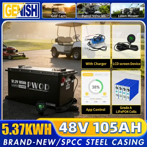 Batterie LiFePO4 per carrello da golf di grado A 48V 105Ah con caricabatterie Dispositivo schermo LCD Controllo APP Celle Lifepo4 da 51,2 V per tosaerba