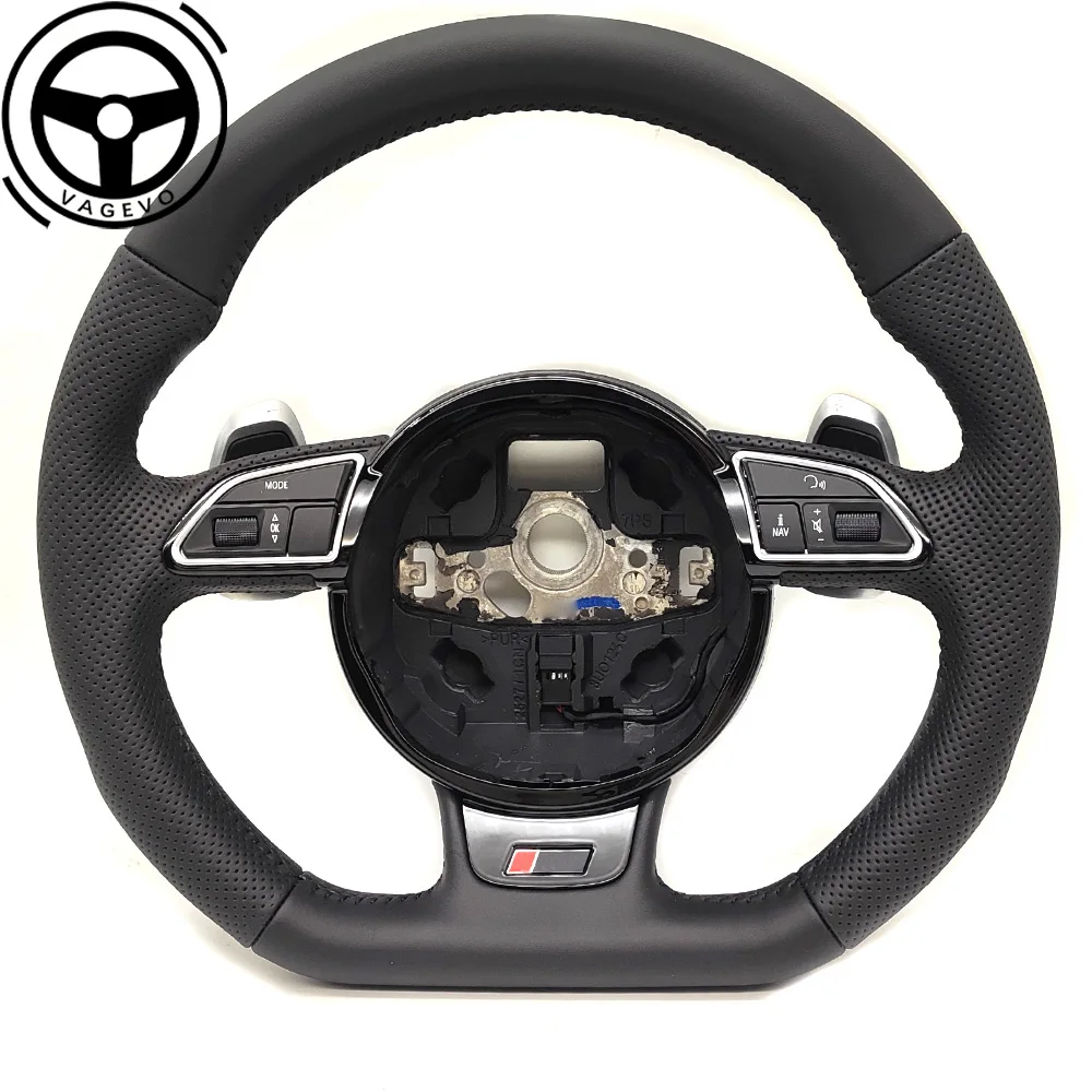 

For Audi A4 B8 leather perforated flat bottomed steering wheel with paddles