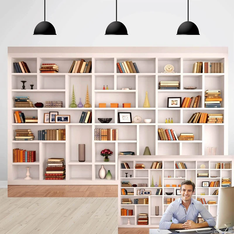 Bookshelf Backdrop For Zoom Meeting Modern Office Library Photography Background For Online Class School Virtual Learing Decor