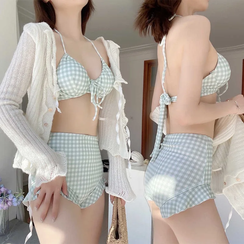 Korean Style Women Pink Checkered Plaid Swimwear 2 Piece Check Japanese Bathing Suit Ruffle Frill String Monokini Swimsuit