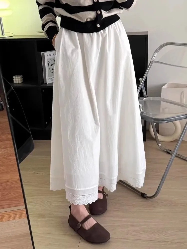 Elegant White Lace Hemmed  Skirt Korean Style Moonlight A-Line Long Skirt Women's Autumn New Small Size High Waist