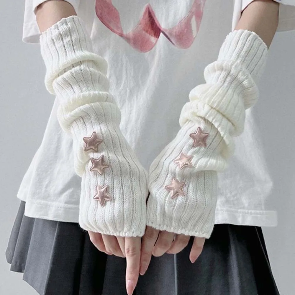 Long Cuff Protective Elastic Knitted Fingerless Sleeves Long Solid Color Y2K Star Arm Cover Cool Hip-hop Warmer Long Cuff Winter