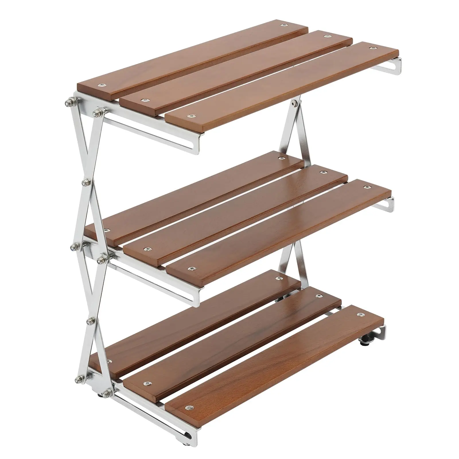 

3-Tier Storage Shelf Racks, Folding She lf Storage Rack, Strong Load Bearing Fine Polishing Metal Beech Wood Camping Organizer