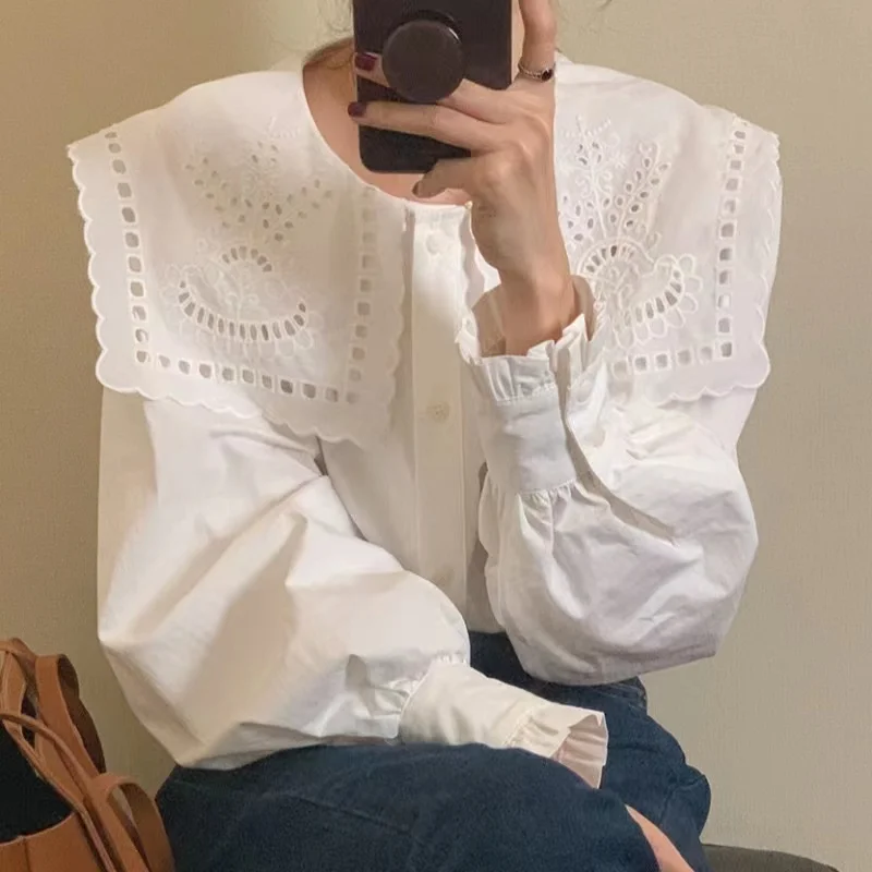 Chic Early Spring Embroidered Hollow out Single Button Anti-Aging White Shirt Women's Inner Wear Top Large Collar Fashionable