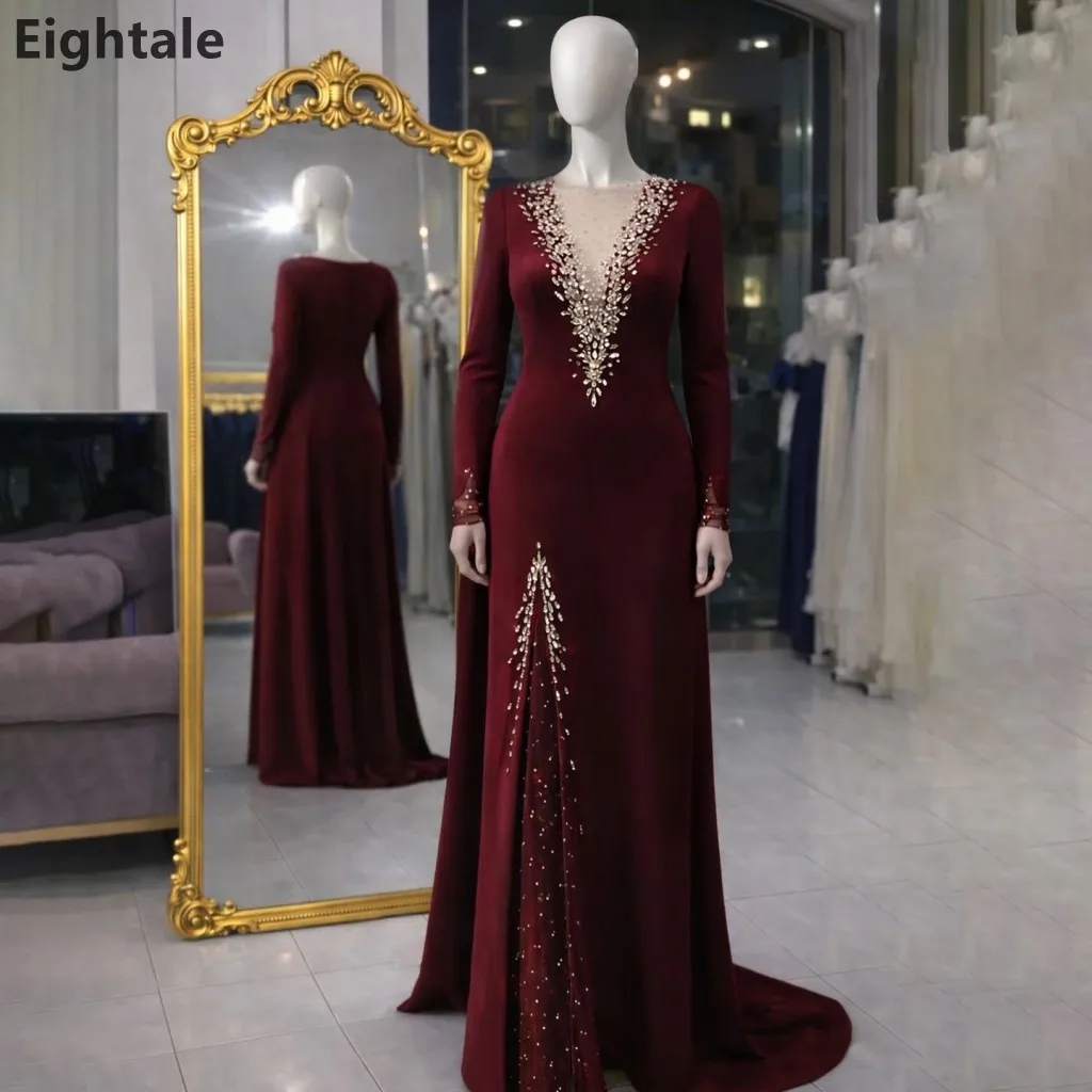

Eightale 2026 Burgundy Straight Beaded Long Sleeve Evening Dress Wedding Party Prom Dress Saudi Arabic Party Gown Customized