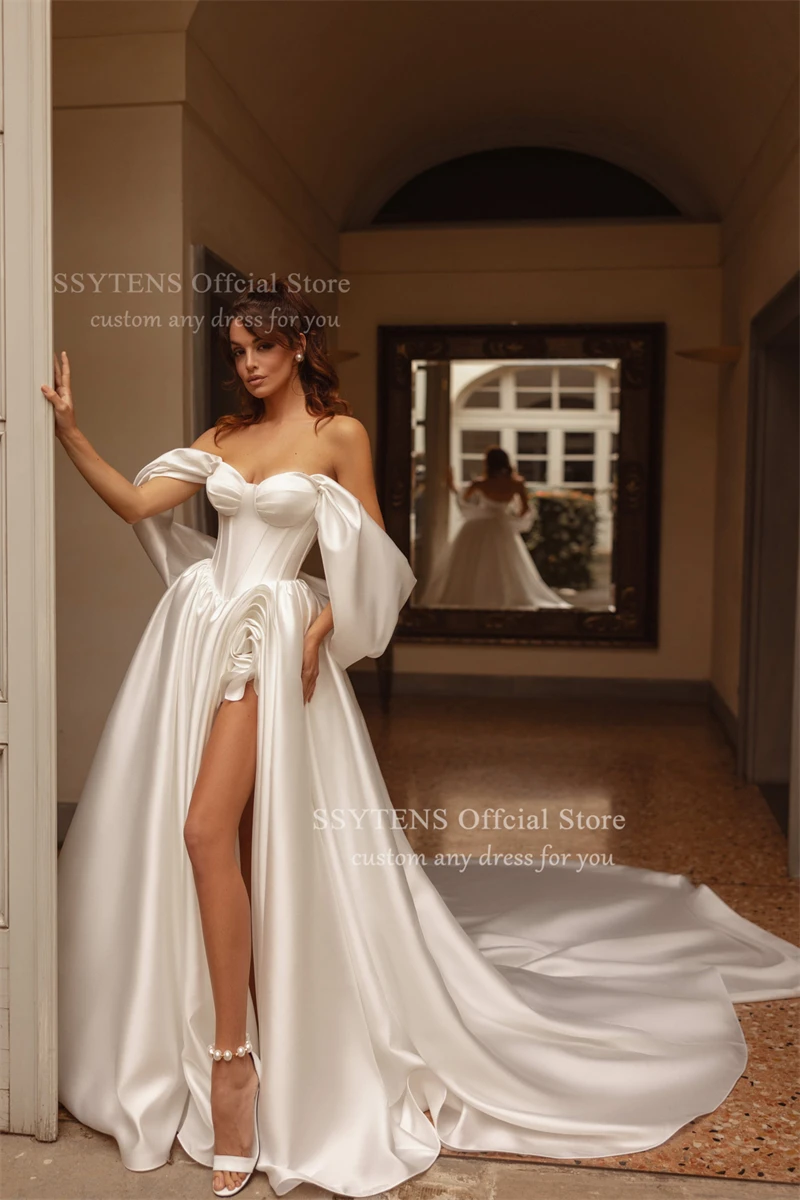 SSYTENS 高級サテンウェディングドレス ハイ スリット チャペル トレイン ブライダルガウン オフショルダー カスタマイズされた A ライン ベストド デ ノイバ