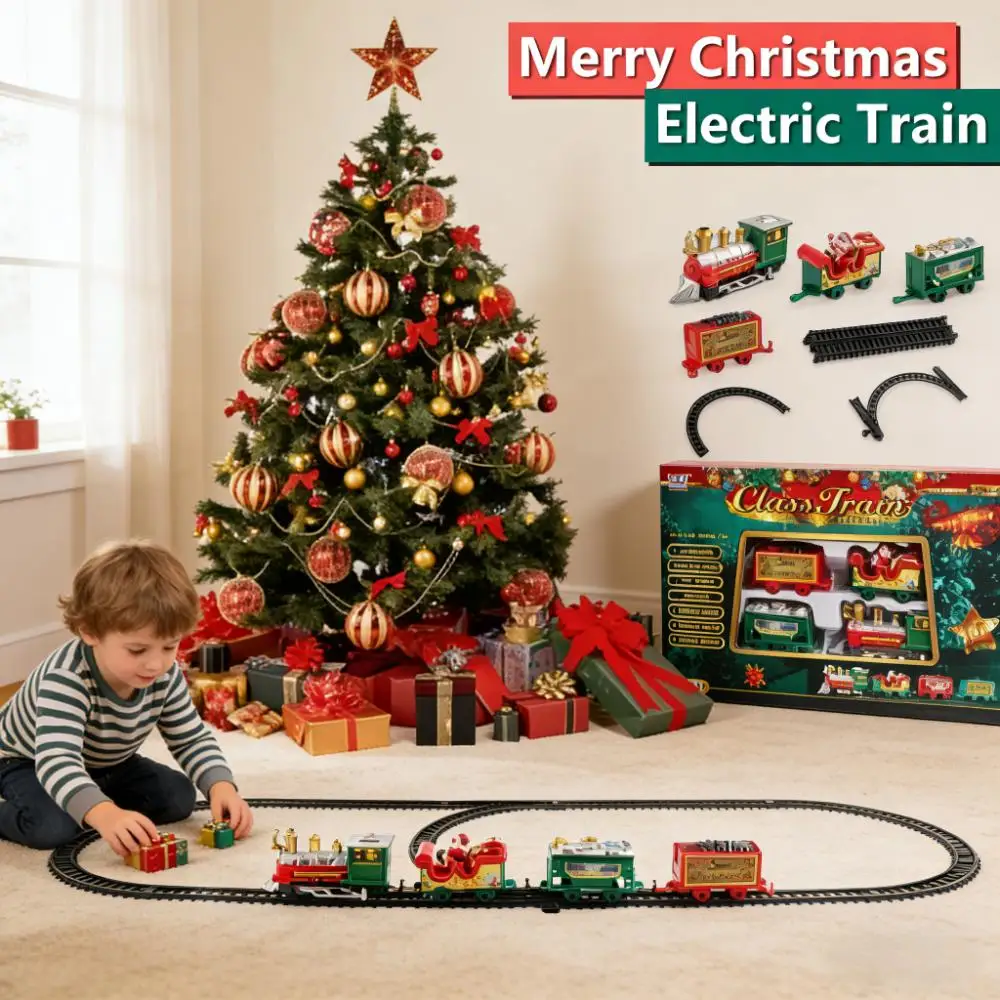 ชุดรางรถไฟไฟฟ้าคริสต์มาสพร้อมรางประกอบ ของเล่นเด็กในช่วงเทศกาล ของขวัญ ชุดรถไฟขับเคลื่อนด้วยแบตเตอรี่