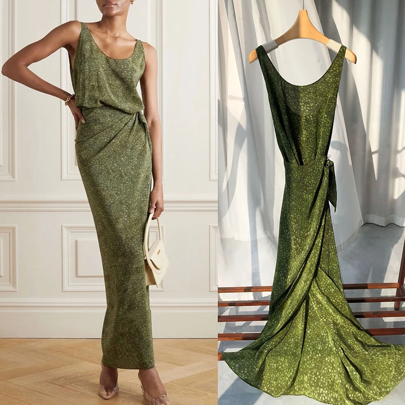 

100% Silk Wrap Dress Women Classic Design Lace Up Sleeveless U Neck Casual Length Style New Fashion
