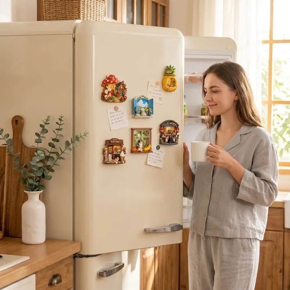Resin 3D Embossed Refrigerator Sticker Shop Shape Cat Themed Refrigerator Magnet House Themed Ornaments Refrigerator Decoration
