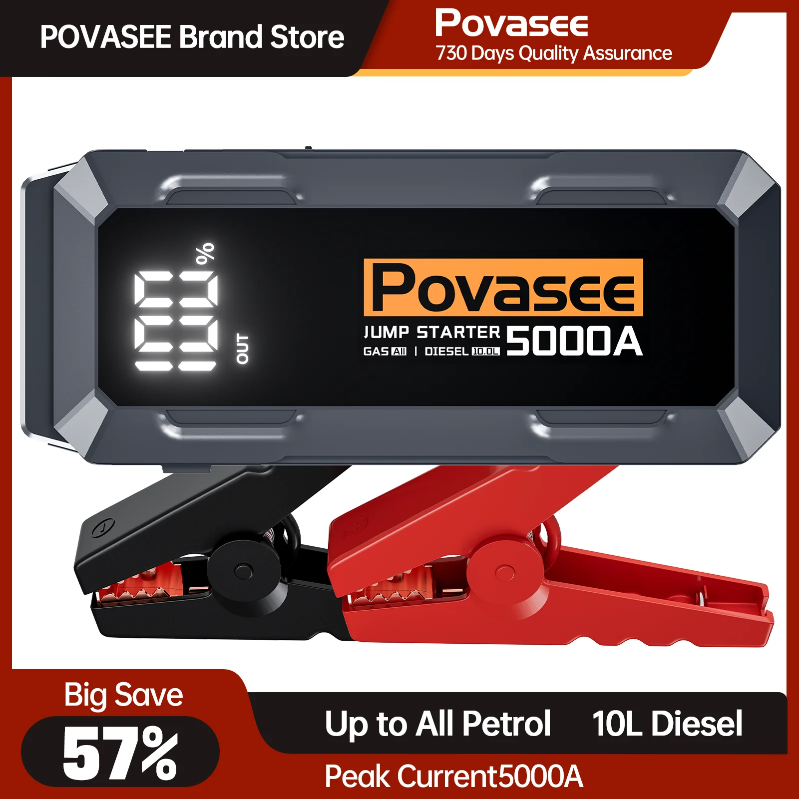 POVASEE Auto-Starthilfe, Powerbank, 5000 A, Starthilfe für bis zu allen Gas oder 10 l Diesel mit