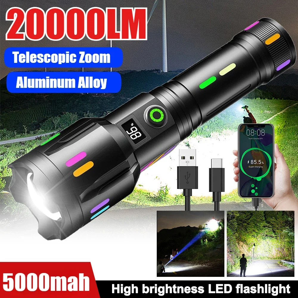 

Powerful Long-Range LED Flashlight Type-C Rechargeable White Laser Camping Torch Zoomable Search Spotlight with Luminous Strips