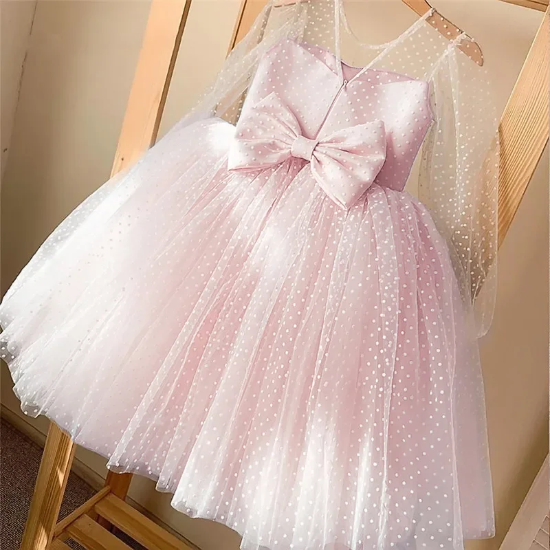 Elegant Junior Bridesmaid Vestidos Long-sleeve Lace Wedding Party Dresses Princess Bow Ball Gown Girl Birthday Gowns