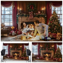 Christmas Fireplace Background Retro Red Window Curtain Xmas Tree Kids Family Portrait Photography Backdrops  Photozone Props