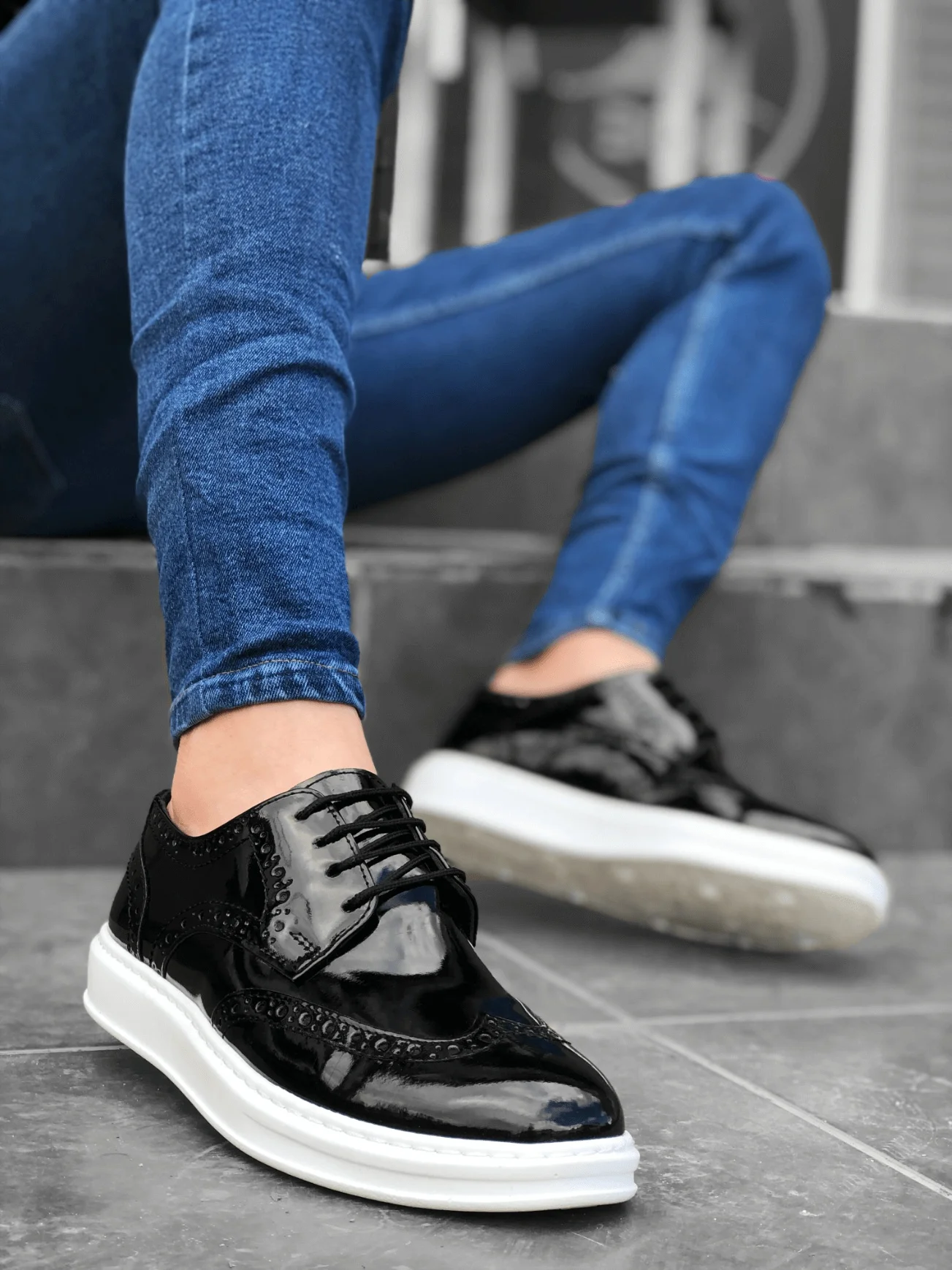 Ba0003 laço-up clássico preto branco sola de couro patente alta sola sapatos masculinos casuais