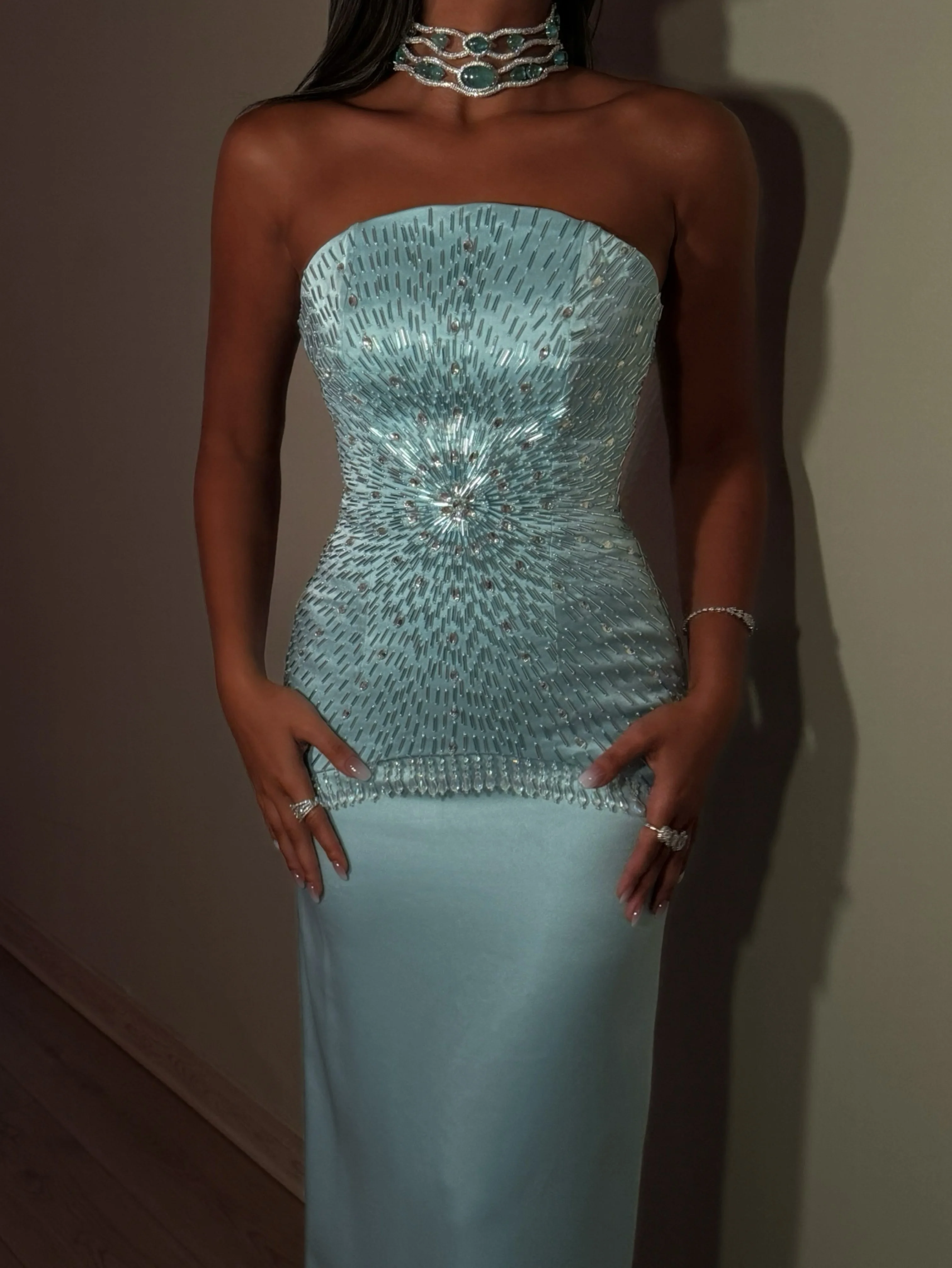 Luxury Mermaid Evening Gown Strapless Tube Top Radial Rhinestone Pattern Fringe Hem Smooth Satin Long Dress