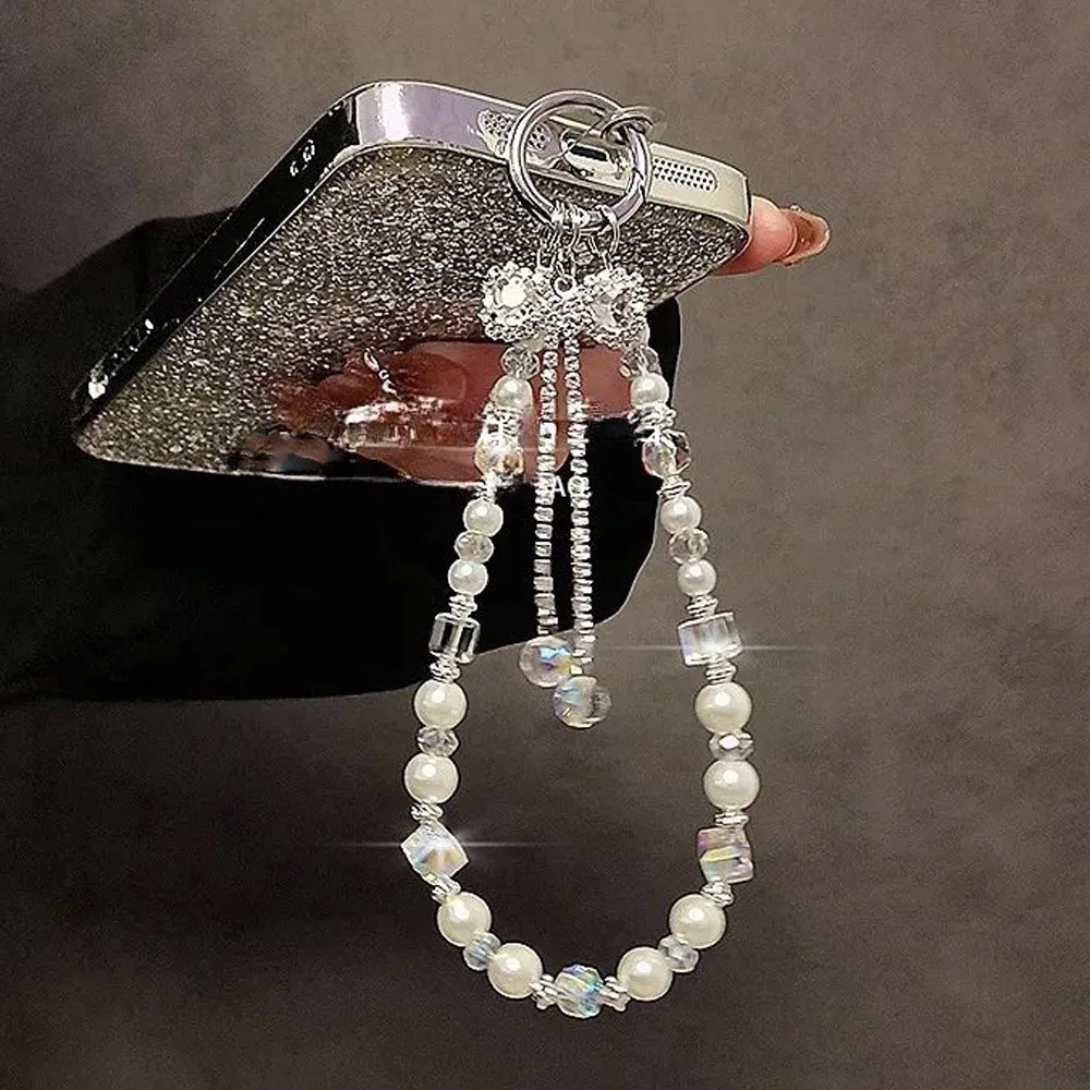 Pearl Rhinestone Phone Lanyard High Luxury Bow Pendant Rhinestone Phone Straps Cellphone Chain with Patch Rhinestone Phone Rope