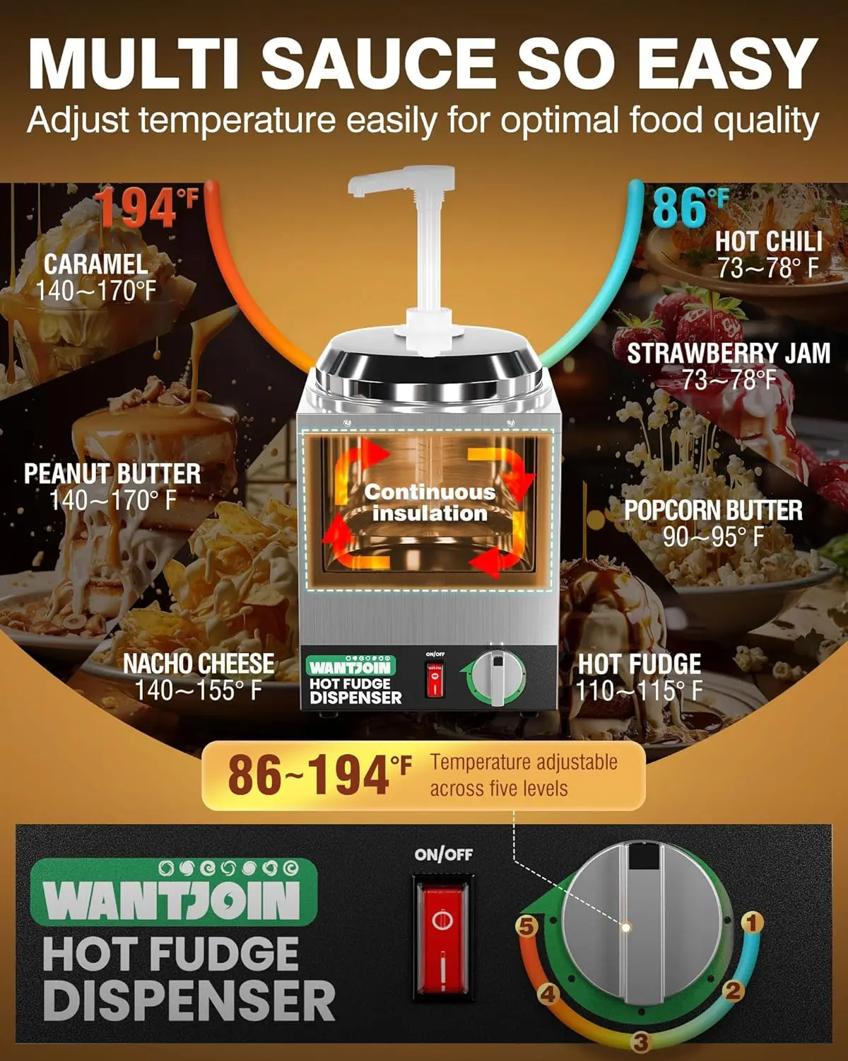 موزع جبنة ناتشو مع مضخة، موزع كراميل الجبن التجاري 2.2 كيو تي من الفولاذ المقاوم للصدأ، مع تعديل درجة الحرارة بمستوى 5