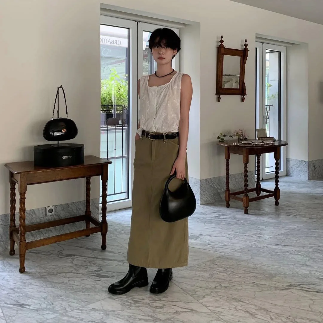 

Прямая юбка-миди с высокой талией, корейская хлопковая повседневная утягивающая прямая юбка-труба с высокой талией для женщин, осень 2025 г.