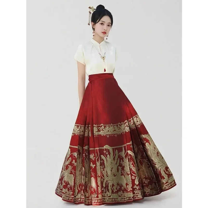 

Large size small man new Chinese short-sleeved set, red horse dress improved antique two-piece set