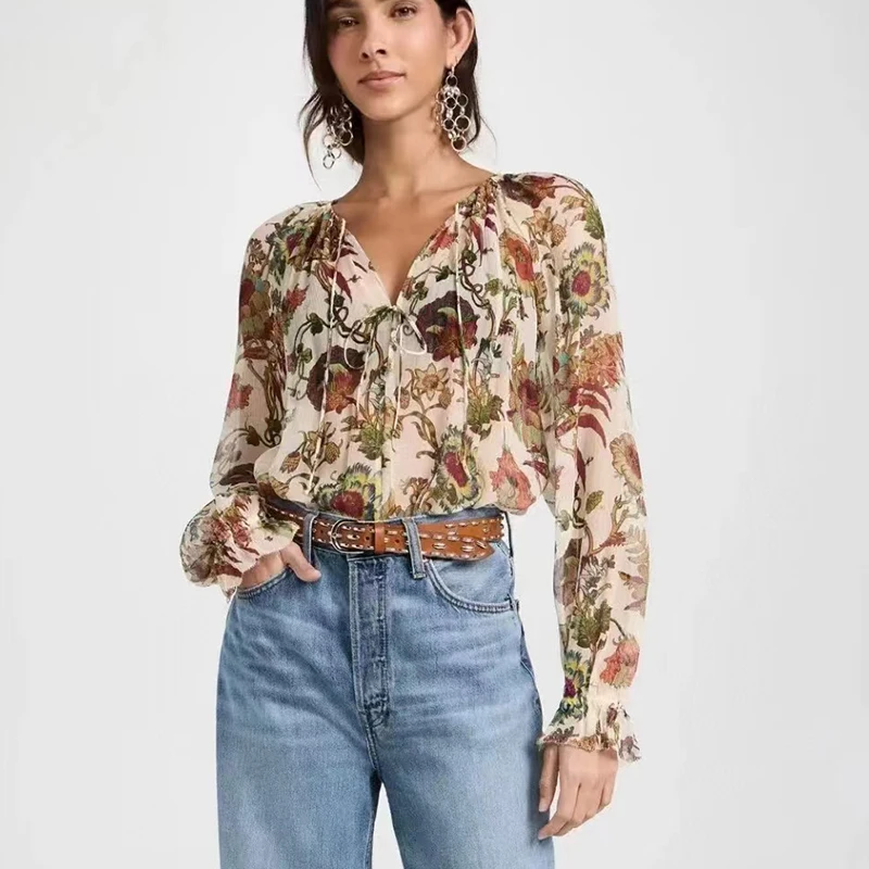 Women's Floral Print Blouse, Resort Style, Waist Crew Neck Top, Silk, High Quality, 2024, Summer New, Y2K