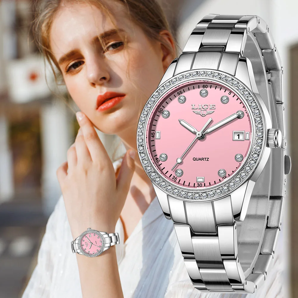 

LIGE оригинальные кварцевые часы с бриллиантовым циферблатом для женщин, модные элегантные женские часы, водонепроницаемые женские наручные часы из нержавеющей стали