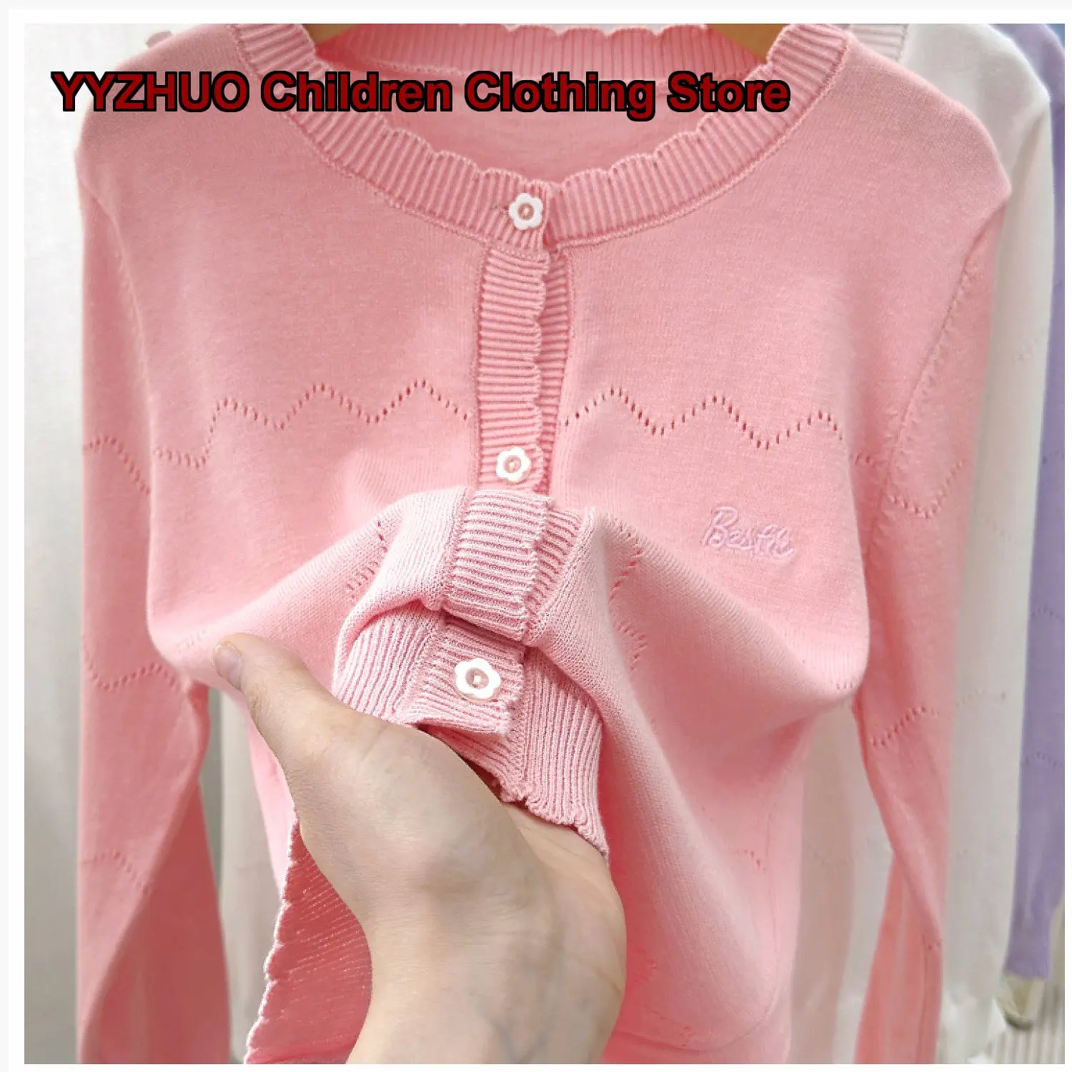 Girls Cardigan Kids Spring Summer Thin Purple Knit Top Stylish Air-Conditioning Jacket Older Kids