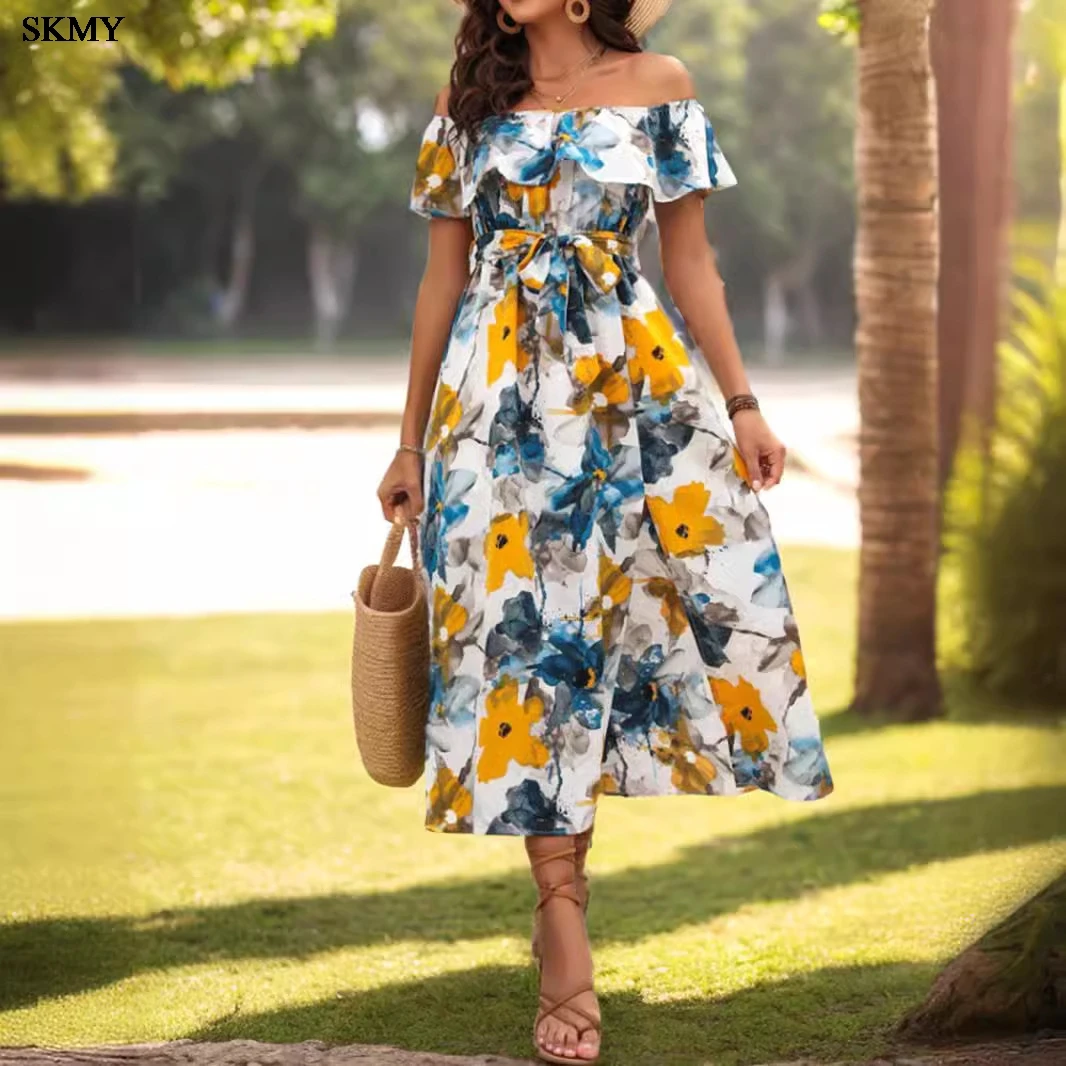 SKMY 2024 Women's One Shoulder Lotus Leaf Edge Printed Bright Color Dress With Lace Up Elegant Dress Leisurely Dress