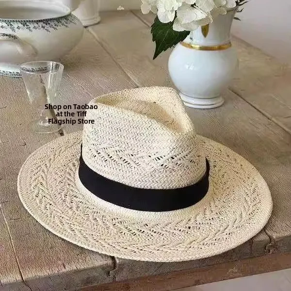Casual Handwoven Widebrim Flattop Straw Hat Women's Outdoor Sun Protection Fashionable SpringSummer Hat Breathable Unadjustable