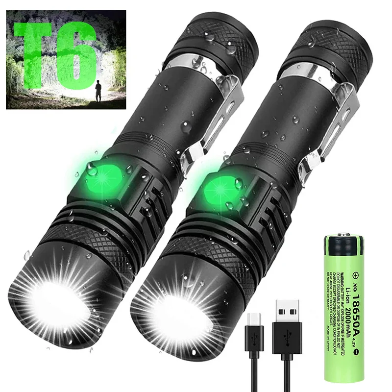 High Power T6 Led Flashlights Zoomable Camping Torch With Pen Clip Waterproof 4 Lighting Modes Multi Function USB Charger