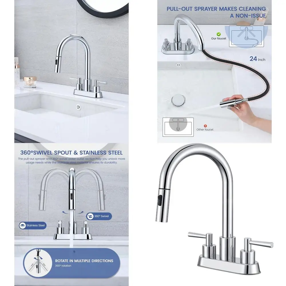

3-Hole 2-Handle Chrome Bathroom Sink Faucet with Pull-Out Spray and 360° Swivel Spout, Includes Pop-Up Drain