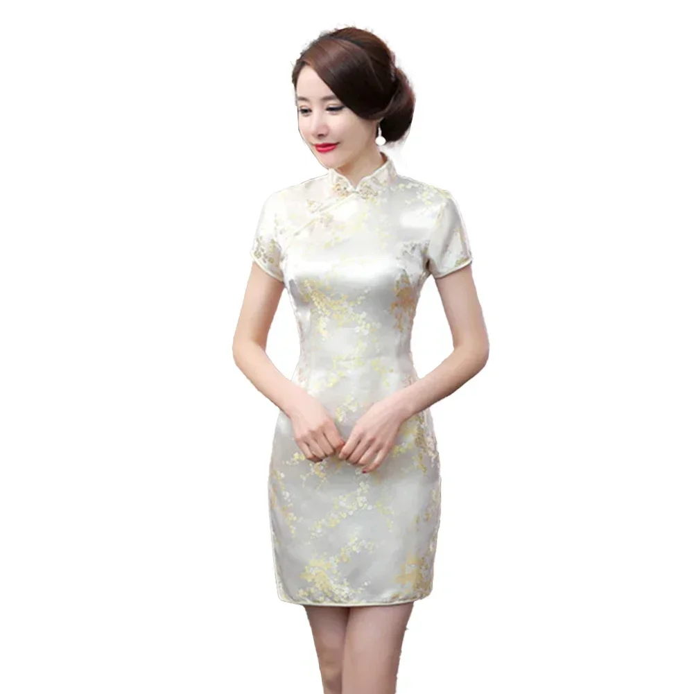 Cheongsam Slim ชุดซาตินสําหรับปาร์ตี้ทุกวัน High Slit เครื่องแต่งกาย Cheongsam Elegant ยืดเล็กน้อย