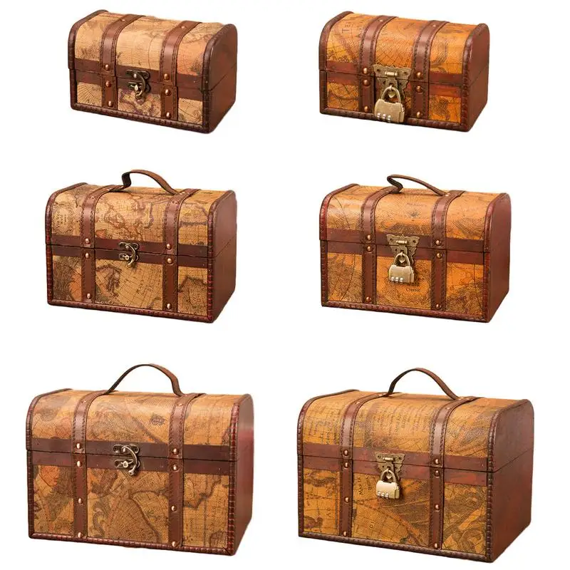 Retro Elegant Plywood Leather Pirate Jewelry Storage Box With Lock Vintage Treasure Chests For Organizer Home Decoration