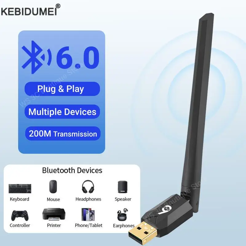 200M USB Bluetooth 6.0 Adapter for PC Wireless Mouse Keyboard Music Audio Receiver Transmitter for Windows 11/10/8.1 Driver free