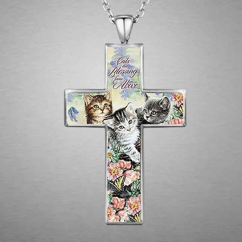 Stylish and Exquisite Three Cats Cross Pendant Necklace for Kid Christian Religious Jewelry Accessories for Friend Birthday Gift