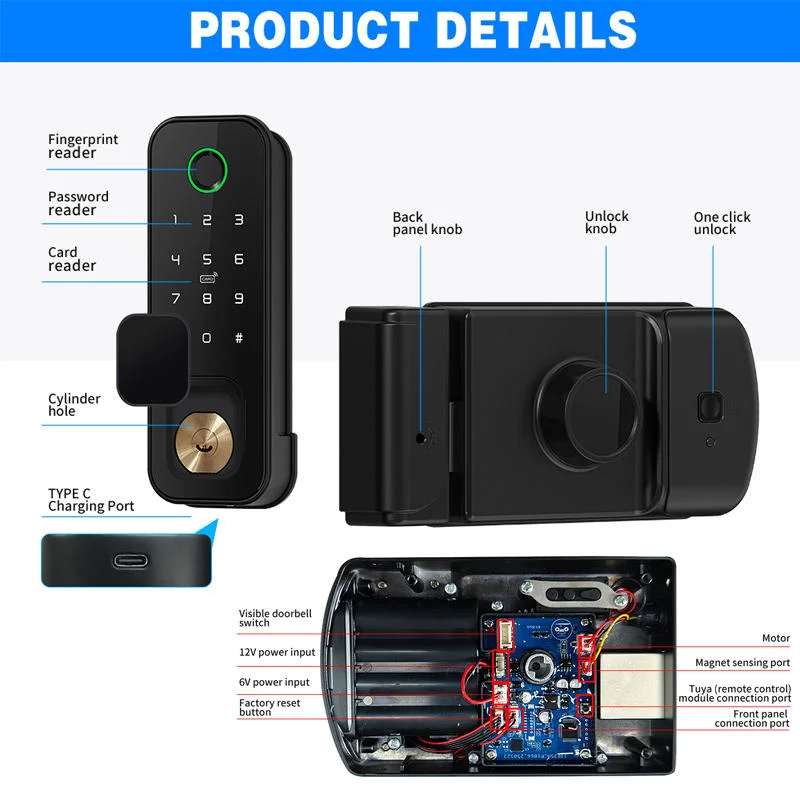 Waterproof Double Side Smart Rim Lock Tuya Wifi Outdoor Intelligent Lock Fingerprint Card Remote Control Digital Lock
