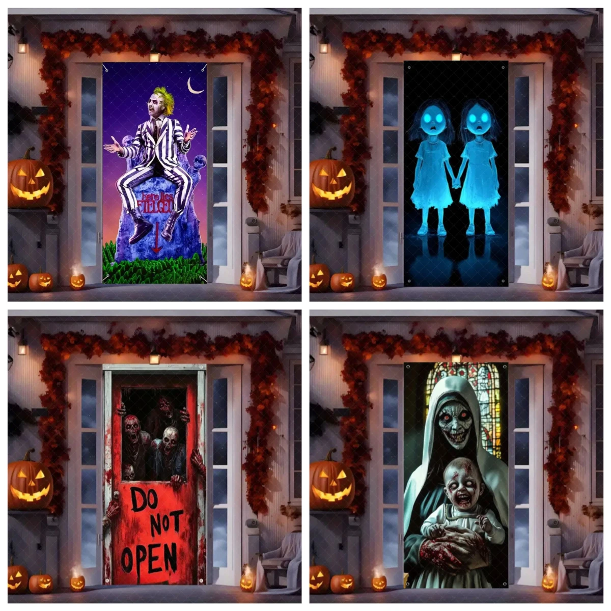 

Horror Halloween Party Decoration Witch Zombie Background Ghosts Joker Super Terrifying Photo Studio Backdrop Door Hanging Banne