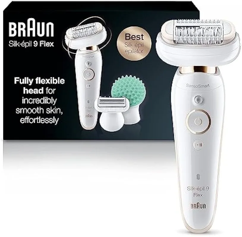 Braun 9-020 Epilator w/ Flexible Head, Facial Hair Removal Device for Women, Shaver & Trimmer, Cordless, Rechargeable, Wet & Dry