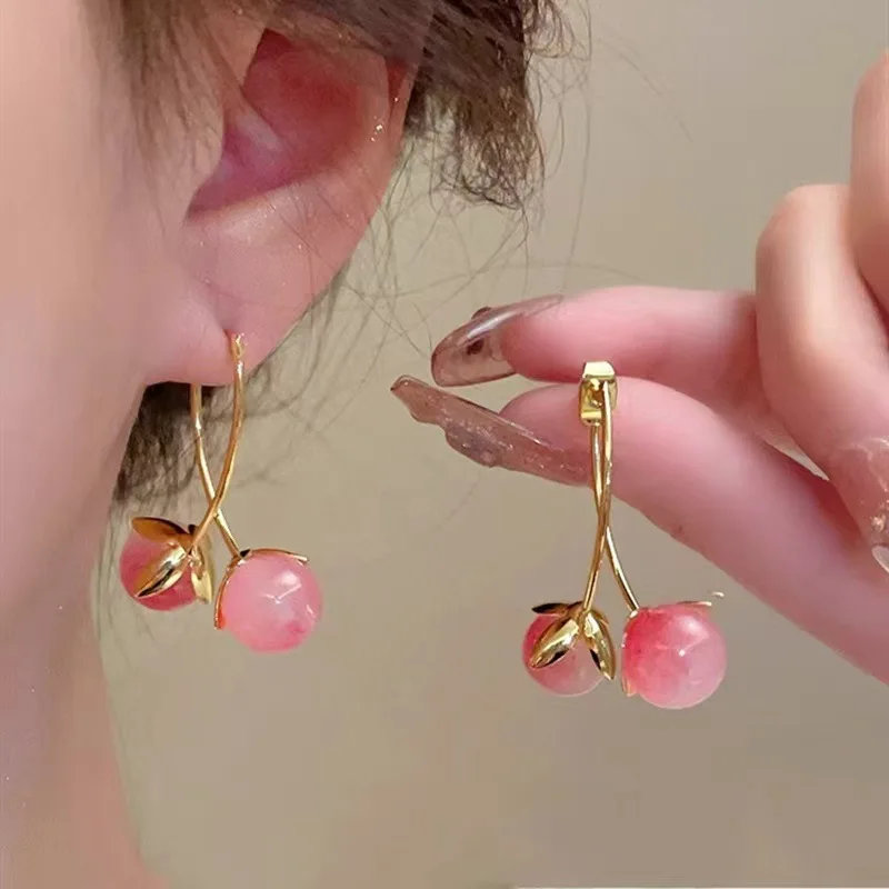 New Cute Pink Cherry Drop Earrings Sweet Tomato Earring for Women Spring Summer Temperament Long Earings Party Jewelry Gift