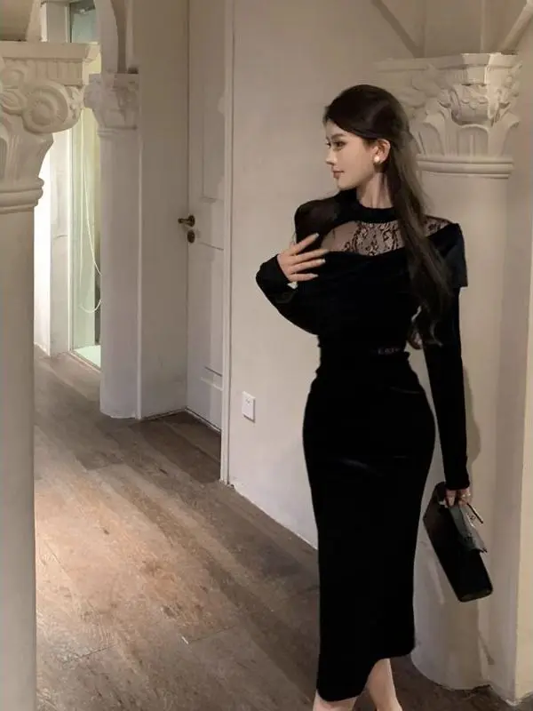 

Hebe Style Velvet Dress Sexy Lace Birthday Party Women's Fashion High Waist Long Sleeve Mid-Length Skirt Bodycon Dress