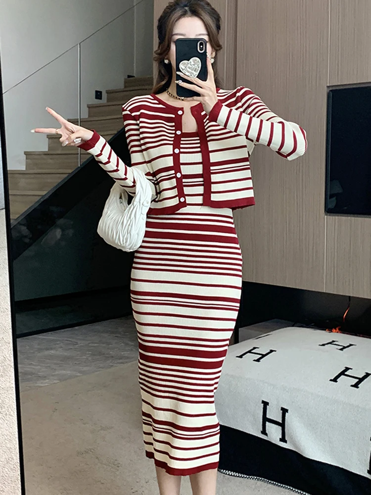 2 Piece Sets Women Long Sleeve Sweater Cardigan Tops + Sexy Slim Bodycon Dress 2024 Korean Fashion Stripe Knitted Casual Outfits