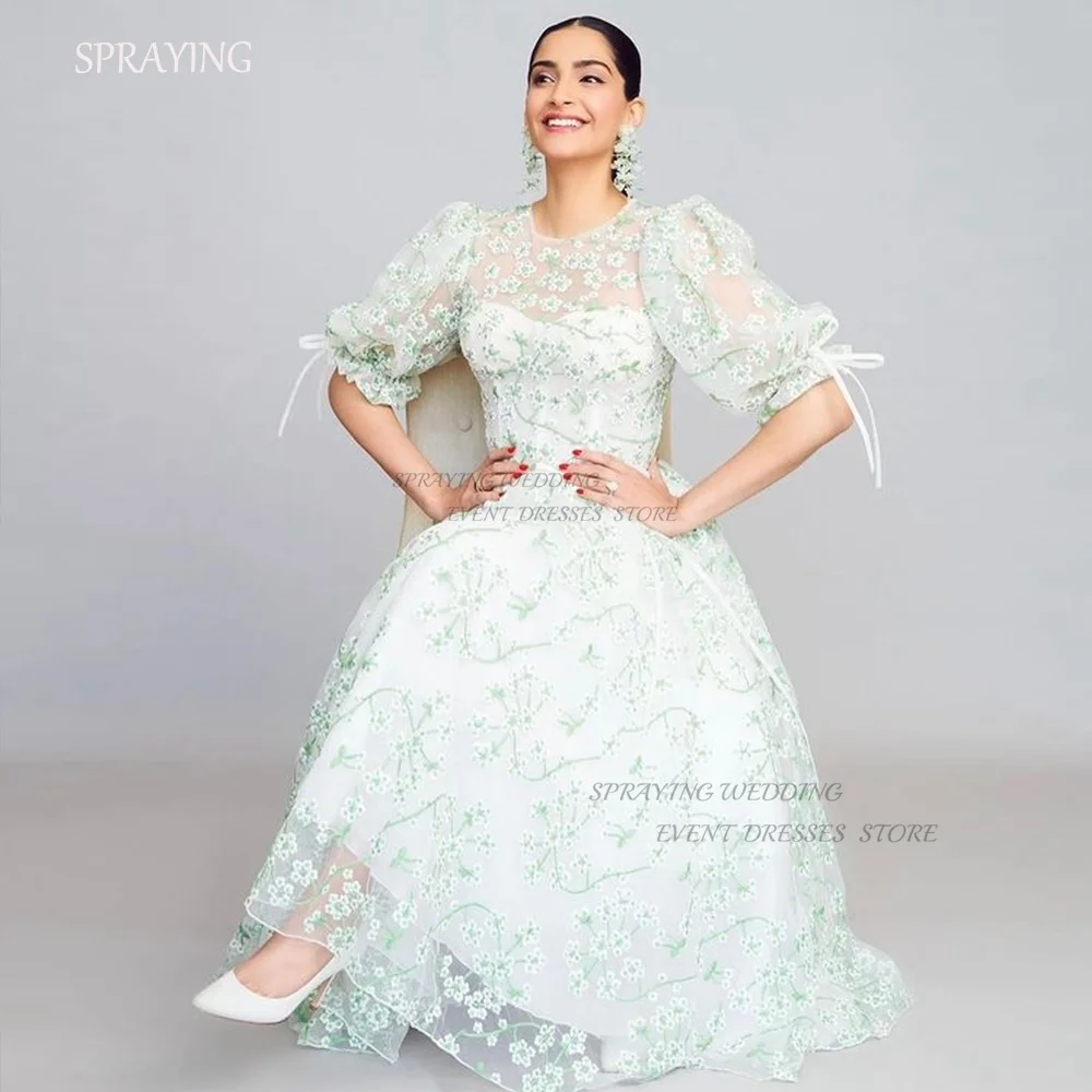 SPRAYING O-Neck Half Sleeves Prom Gown Luxury Floral Evening Party Dresses A-line Tea-Length Shooting Dress Custom Made